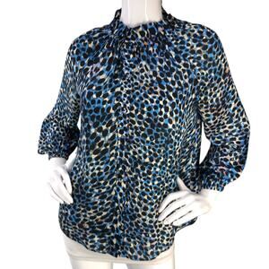 Ann Mashburn Womens Size XS Blouse Top Geometric Elastic Neck Blue Black
